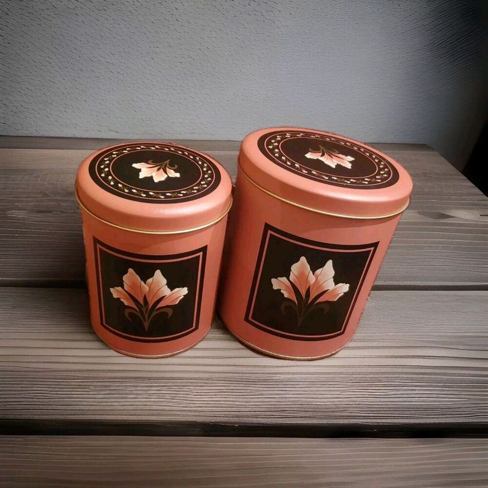 2 Vtg Metal Canisters Orange & Black Nesting House Of Lloyd Cinnamon Blossom